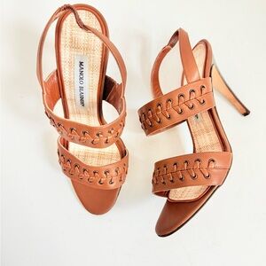 Manolo Blahnik Vintage Brown Leather whipstitch double strap  heel sandals 38.5